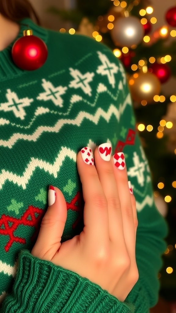 A green Christmas sweater with holiday motifs and festive nail art in red and white.